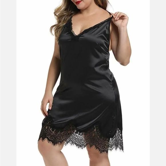Women Plus Size Satin Chemise Babydoll Lace Trim Lingerie Full Slips Nightgown - Picture 4 of 5